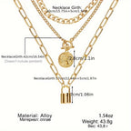 Gold Plated Layered Necklace Set 3 Pieces for Women – Vintage Embossed Round Pendant & Lock Charm Stackable Necklaces, Elegant Fashion Jewelry Gift Set with Gift Bag for Birthday Anniversary Valentine