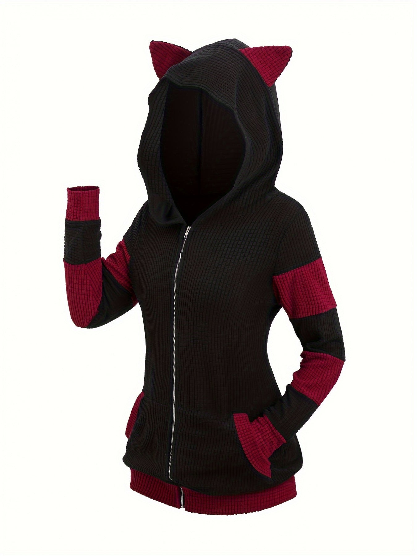 Cat Ear Hooded Sweatshirt Jacket Women Color Block Mid-Length Zip Up Hoodie Fall Winter – Thickened Warm Casual Outerwear S-XXL