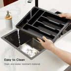 Expandable Cutlery Tray Drawer Organizer – Adjustable Kitchen Silverware Organizer for Knives, Forks & Spoons with Labels – Fits Kitchen, Bedroom & Living Room Drawers – Bamboo & Plastic