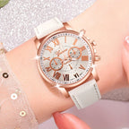 Women's Roman Numeral Quartz Watch Set of 3 - Trendy Round Face Analog Wristwatch with Band in Black White Pink, Elegant Ladies Watch Gift Set for Birthday, Valentine's & Holiday