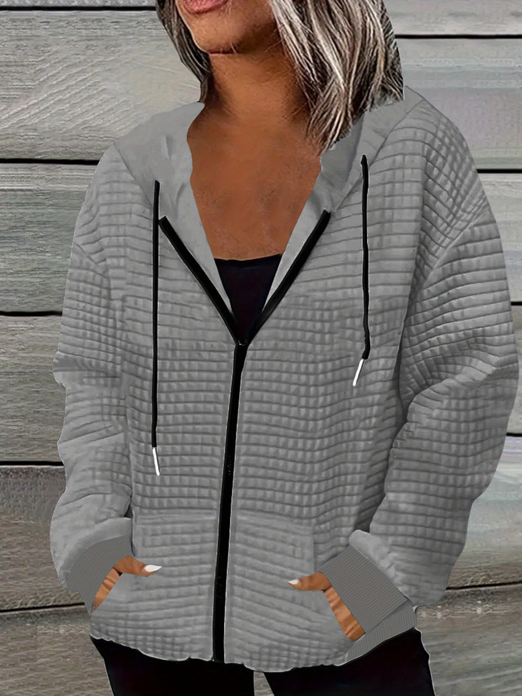 Dog Print Zip Up Hoodie Women Waffle Casual Sweatshirt Drawstring Geometric Pattern – 100% Polyester Machine Washable S-XXL Pink Black Grey Orange-Red