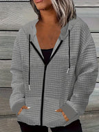 Dog Print Zip Up Hoodie Women Waffle Casual Sweatshirt Drawstring Geometric Pattern – 100% Polyester Machine Washable S-XXL Pink Black Grey Orange-Red