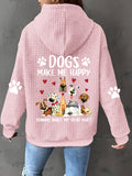 Dog Print Zip Up Hoodie Women Waffle Casual Sweatshirt Drawstring Geometric Pattern – 100% Polyester Machine Washable S-XXL Pink Black Grey Orange-Red