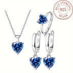 925 Sterling Silver Heart-Shaped Cubic Zirconia Jewelry Set for Women – 3 Piece Necklace Ring and Earrings Trio, Romantic CZ Gift Set for Anniversary Valentine’s Day Birthday, Available in 4 Colors