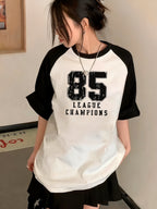 Women's Y2K Color Block Raglan T-Shirt - "85 League Champions" Varsity Graphic Print, Contrast Sleeve Crew Neck Casual Tee, Retro Streetwear Top Khaki Olive Green S-XXL