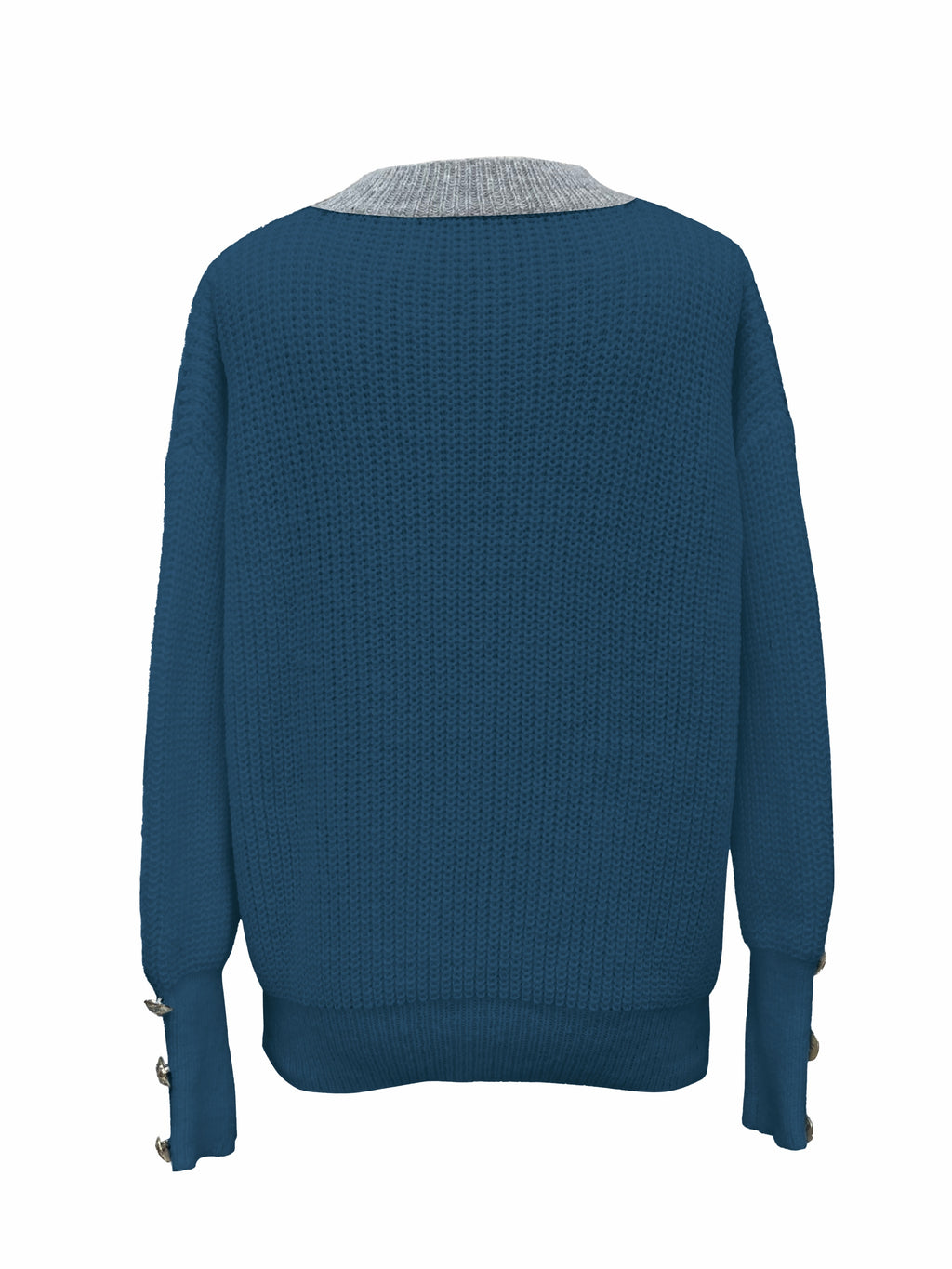 Women's V-Neck Button-Decorated Pullover Sweater – Casual Solid Color Knit Top for Fall Winter, Lightweight Polyester Stretch Pullover, Sizes S-XXL, White & Sea Blue