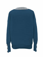 Women's V-Neck Button-Decorated Pullover Sweater – Casual Solid Color Knit Top for Fall Winter, Lightweight Polyester Stretch Pullover, Sizes S-XXL, White & Sea Blue