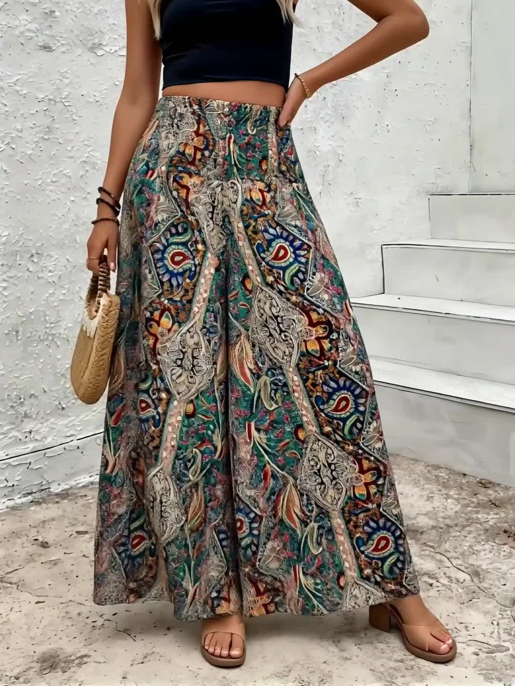 Women's Bohemian Wide Leg Pants High Waist Elastic Waist Paisley Floral Print Casual Flowy Trousers Spring Summer Fall S M L XL Multicolor