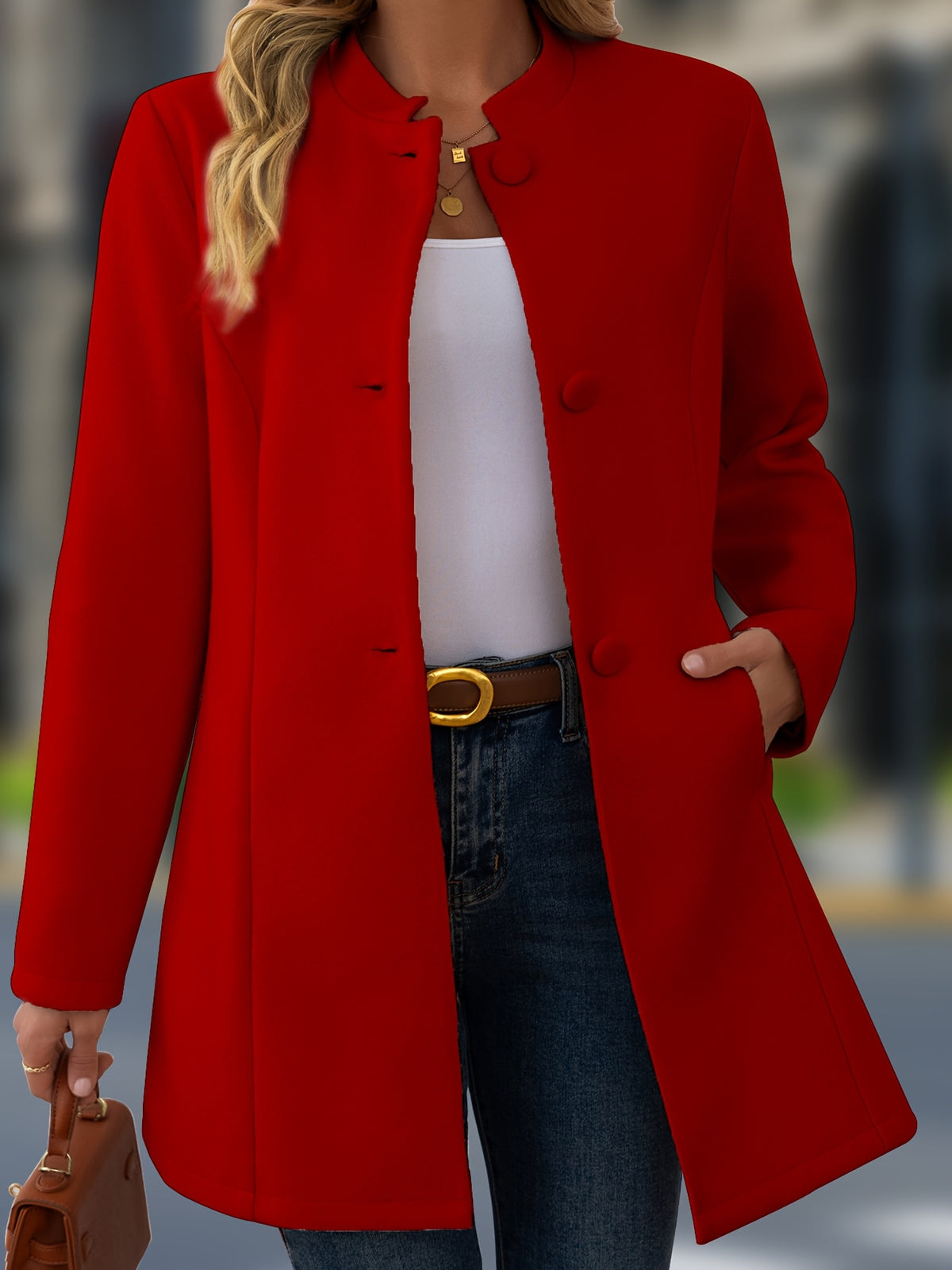 Women's Casual Stand Collar Button-Up Mid-Length Thick Jacket - Fall Winter Warm Coat for Work Outdoor Travel | Apricot Black Red | Sizes S-XXL