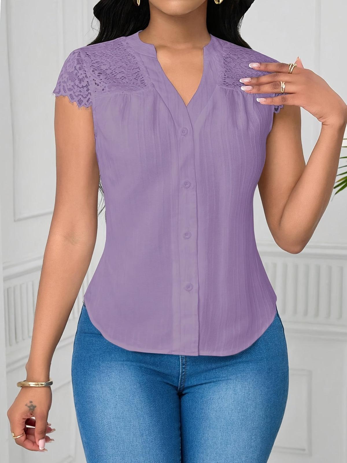 Women's Elegant Lace Patchwork Blouse – V-Neck Striped Semi-Sheer Woven Top for Summer, Casual & Weekend Wear
