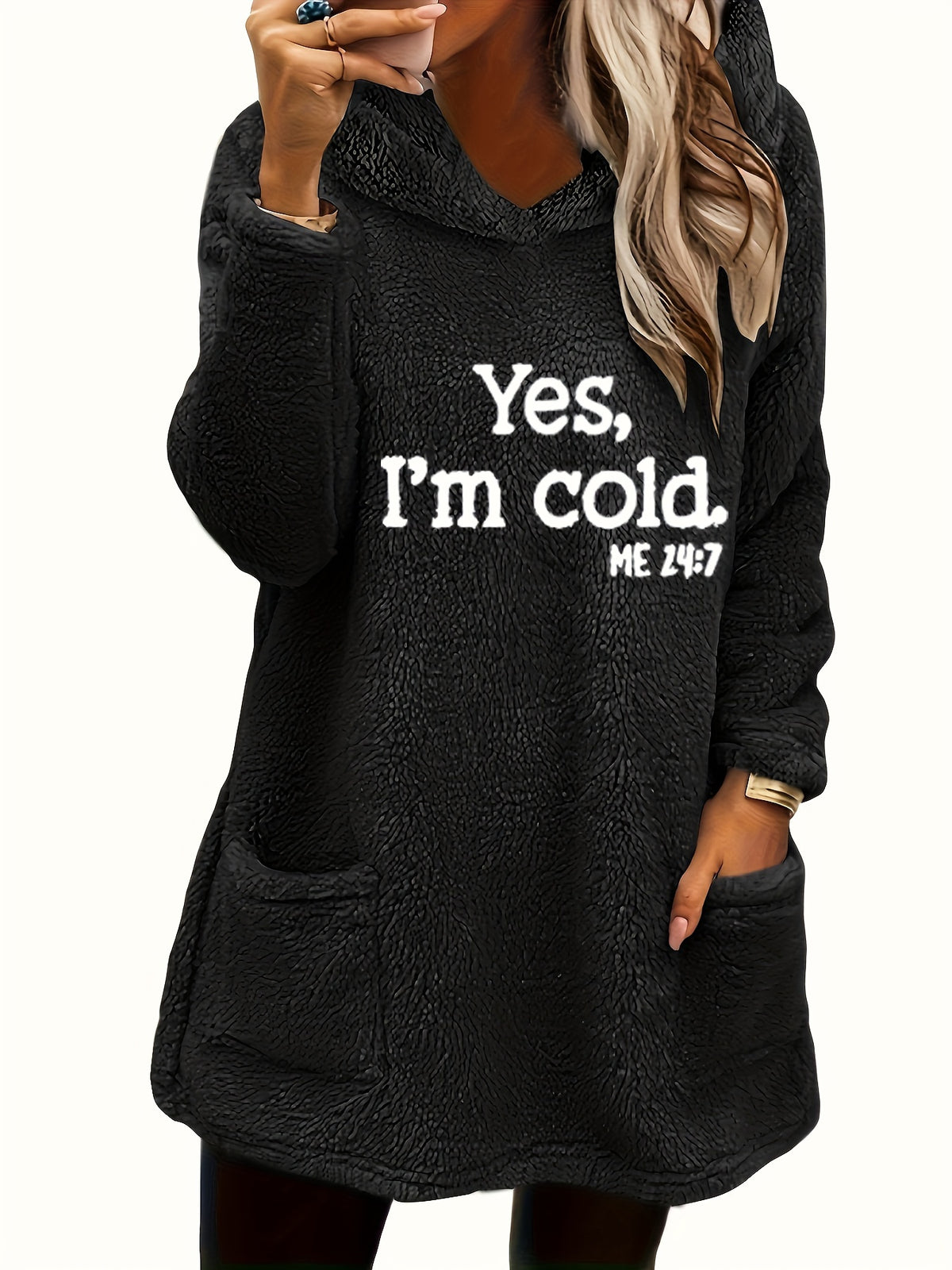 Women's "Yes I'm Cold" Teddy Bear Graphic Hooded Sweatshirt – Cozy Fleece-Lined Pullover Hoodie Double Pocket Long Sleeve 100% Polyester Fall Winter Casual Top