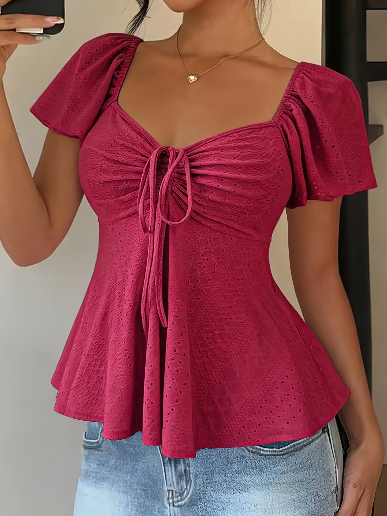 Women's Y2K Jacquard V-Neck Drawstring T-Shirt – Solid Color Short Sleeve Breathable Elegant Top for Spring & Summer