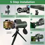 10x42 HD Monocular Telescope with Phone Adapter & Tripod – FMC Lens Compact Scope for Bird Watching, Wildlife, Hiking, Camping, Concerts & Sports – Black & Green, Christmas Gift