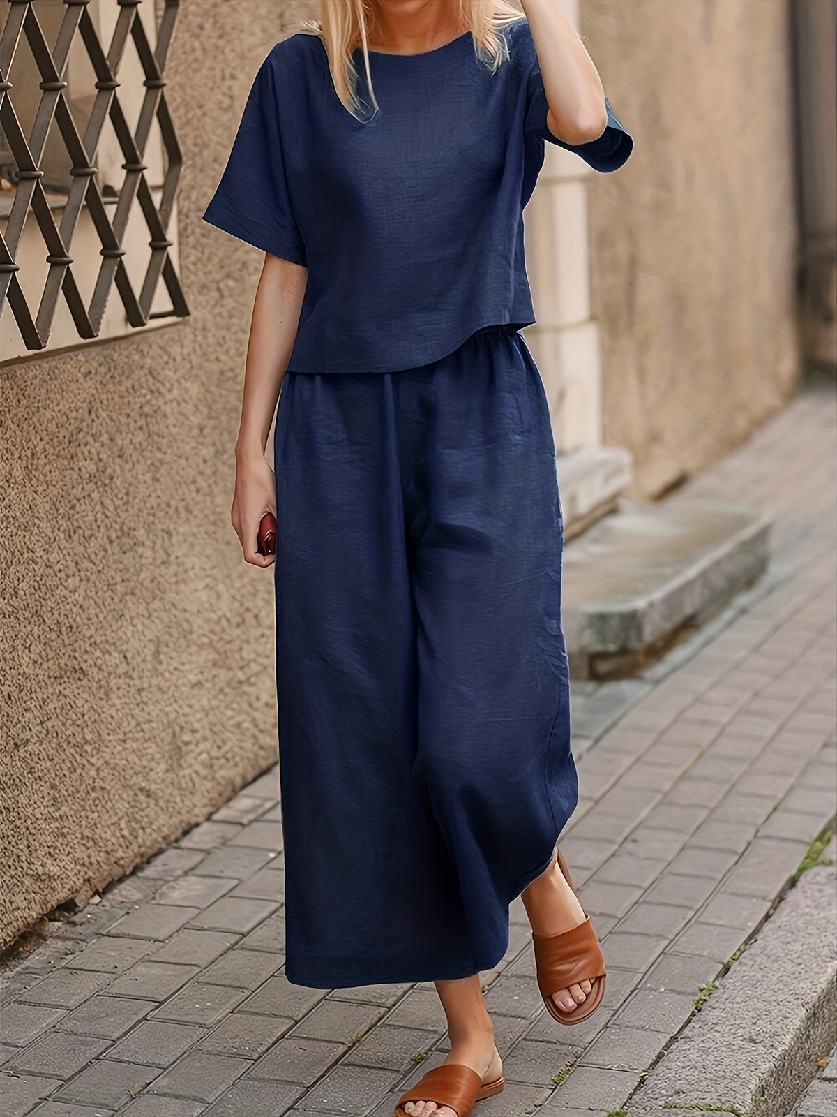 Women's 2 Piece Pantsuit Set Casual Elegant Solid Color Crew Neck Short Sleeve Top Wide Leg Pants All Season Wear Loose Fit Outfit S M L XL XXL