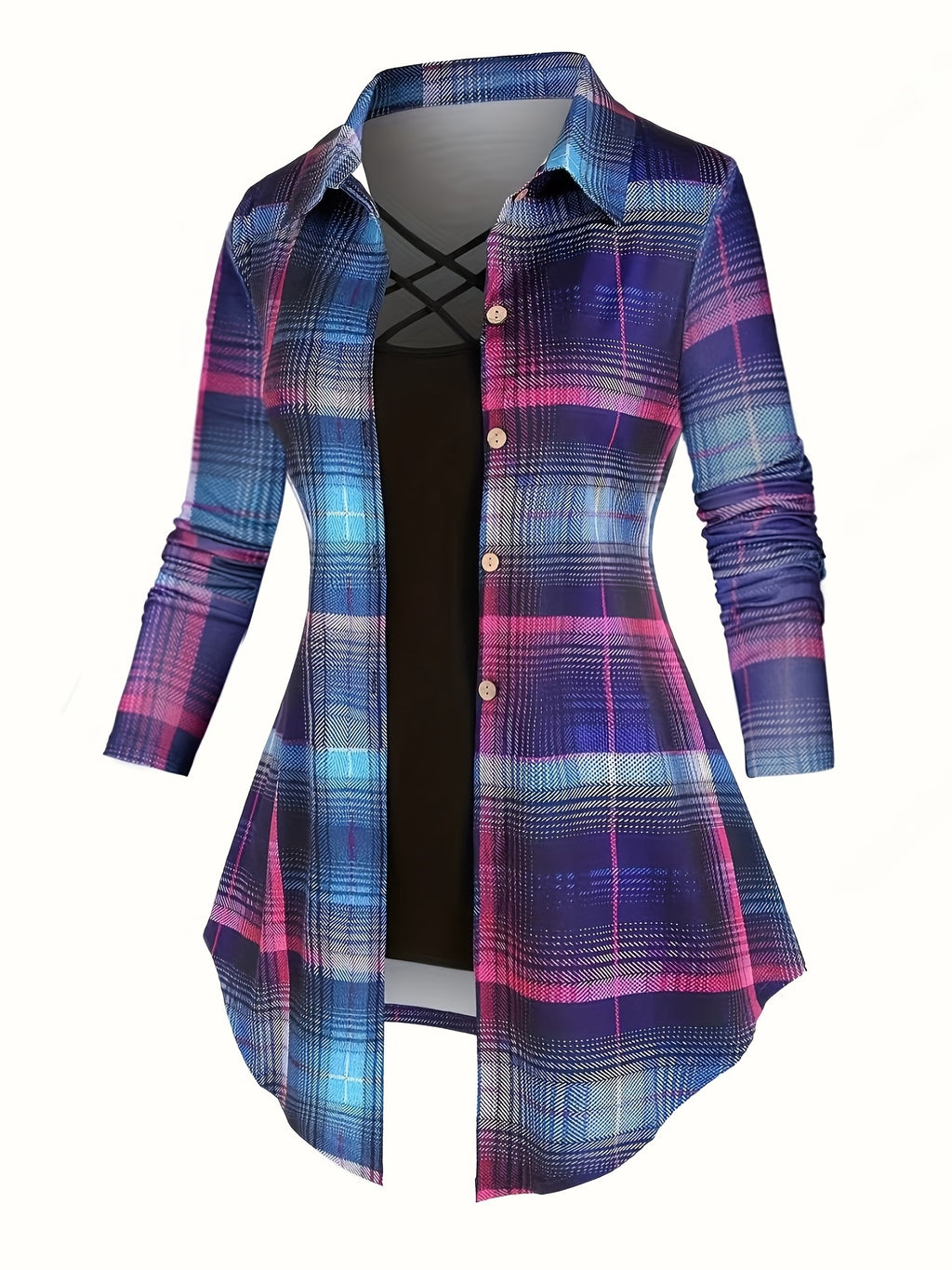 Women's Retro 2-Piece Set - High-Waist Plaid Long Sleeve Blouse & Body Strap | Vintage Button Lapel Collar Fall Spring Outfit Fashion