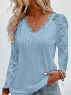 Women's Contrast Lace V-Neck Eyelet Long Sleeve T-Shirt - Elegant Floral Lace Trim Casual Top for Spring Fall
