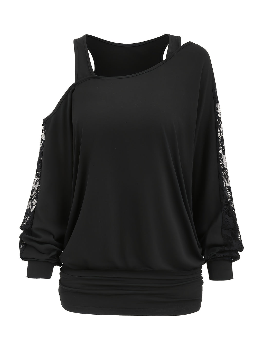 Lace Splicing Long Sleeve Top Women Casual Loose Knit Shirt Fall Winter Contrast Lace Panel Blouse Black Deep Red Olive Green Dark Gray S M L XL XXL