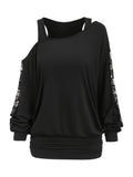 Lace Splicing Long Sleeve Top Women Casual Loose Knit Shirt Fall Winter Contrast Lace Panel Blouse Black Deep Red Olive Green Dark Gray S M L XL XXL
