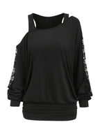 Lace Splicing Long Sleeve Top Women Casual Loose Knit Shirt Fall Winter Contrast Lace Panel Blouse Black Deep Red Olive Green Dark Gray S M L XL XXL