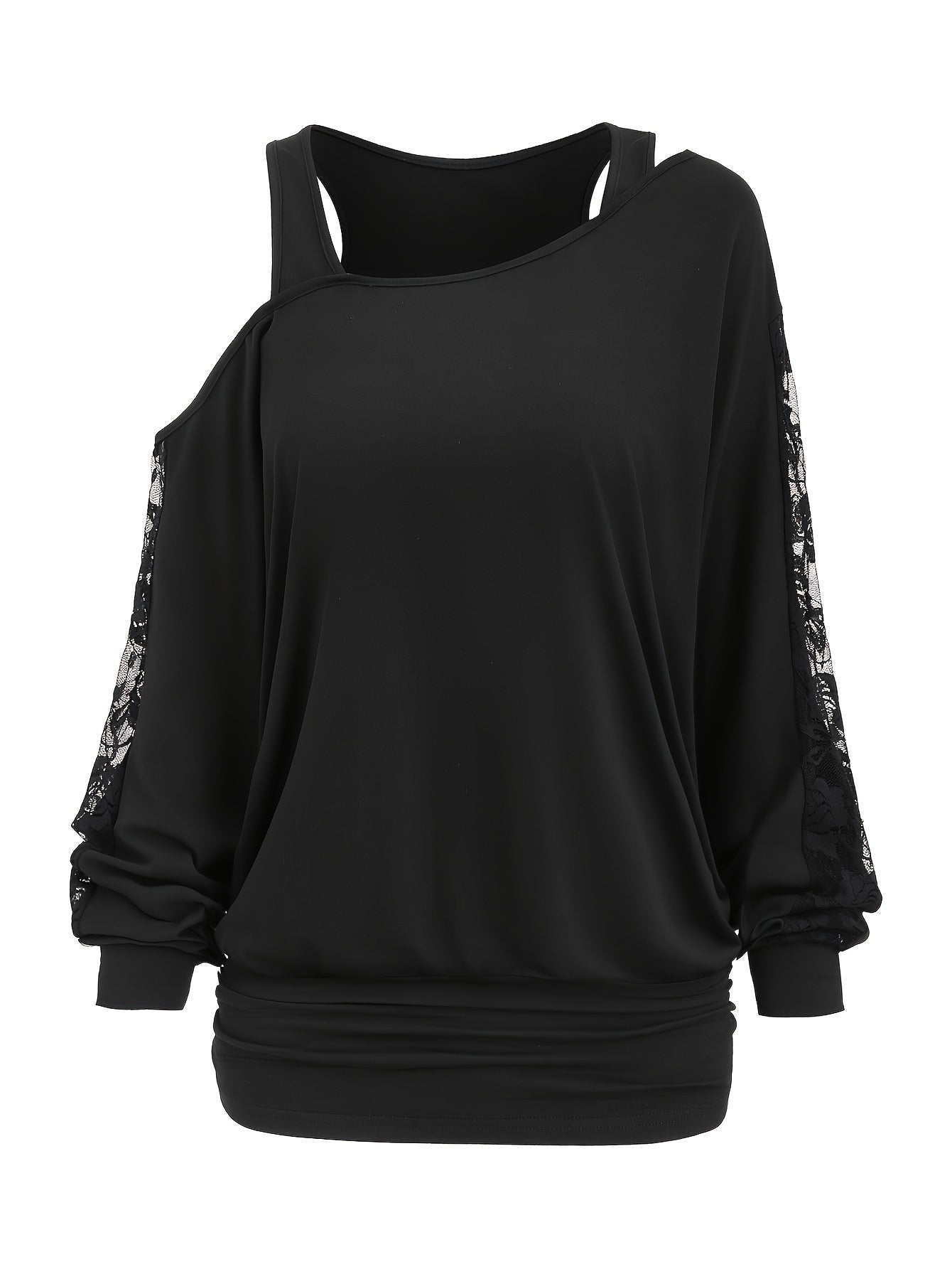 Lace Splicing Long Sleeve Top Women Casual Loose Knit Shirt Fall Winter Contrast Lace Panel Blouse Black Deep Red Olive Green Dark Gray S M L XL XXL