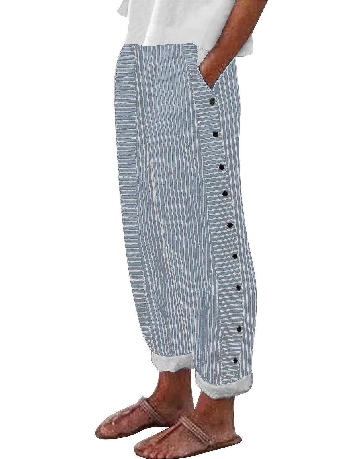 Women's Striped Straight Leg Casual Trousers – Classic Western Style Spring Summer Pants with Pockets for Everyday & Smart Casual Wear