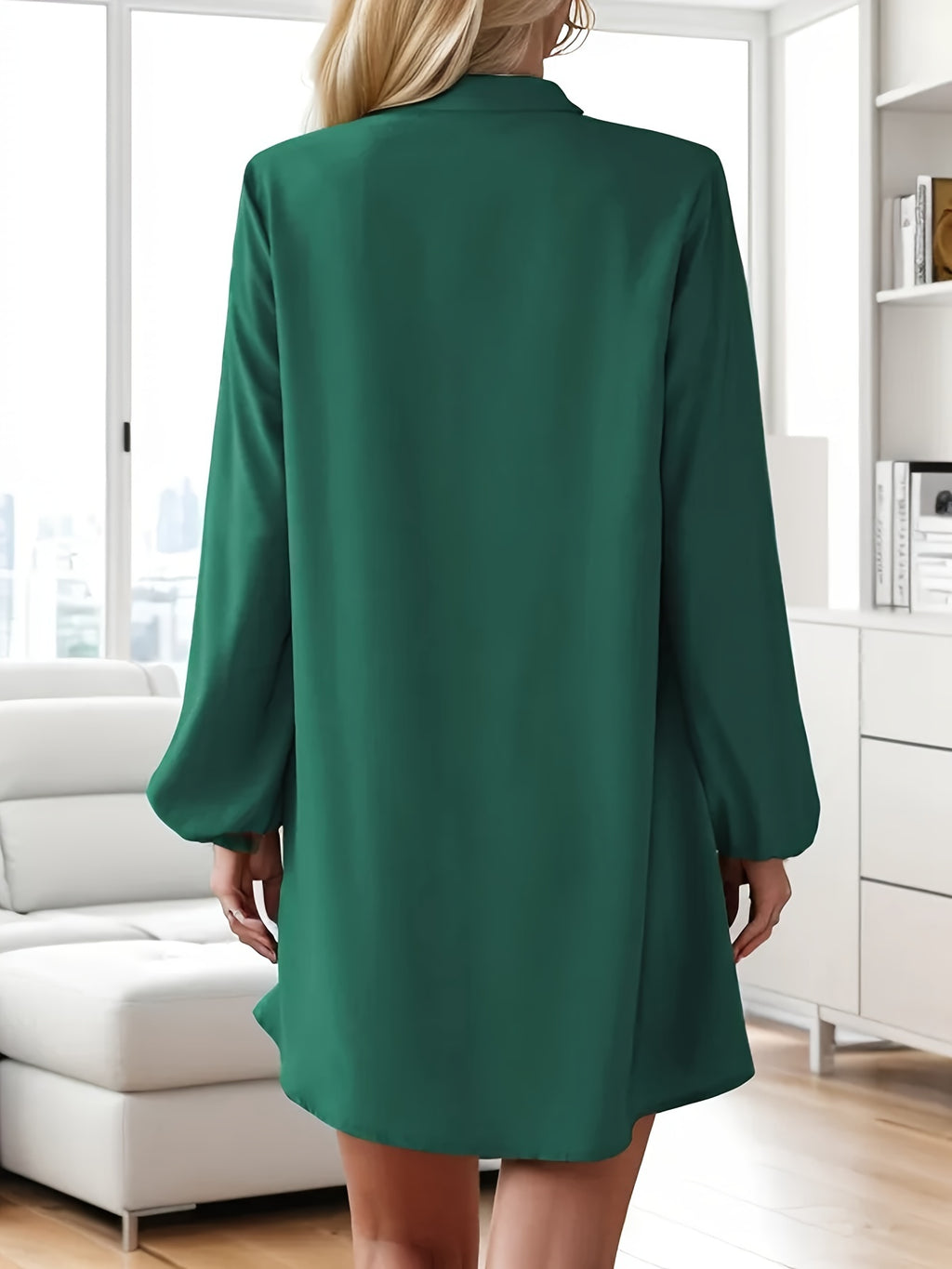 Women's V-Neck Long Sleeve A-Line Flared Dress Elegant Solid Color Single-Breasted Midi Dress for Spring Summer Party Casual