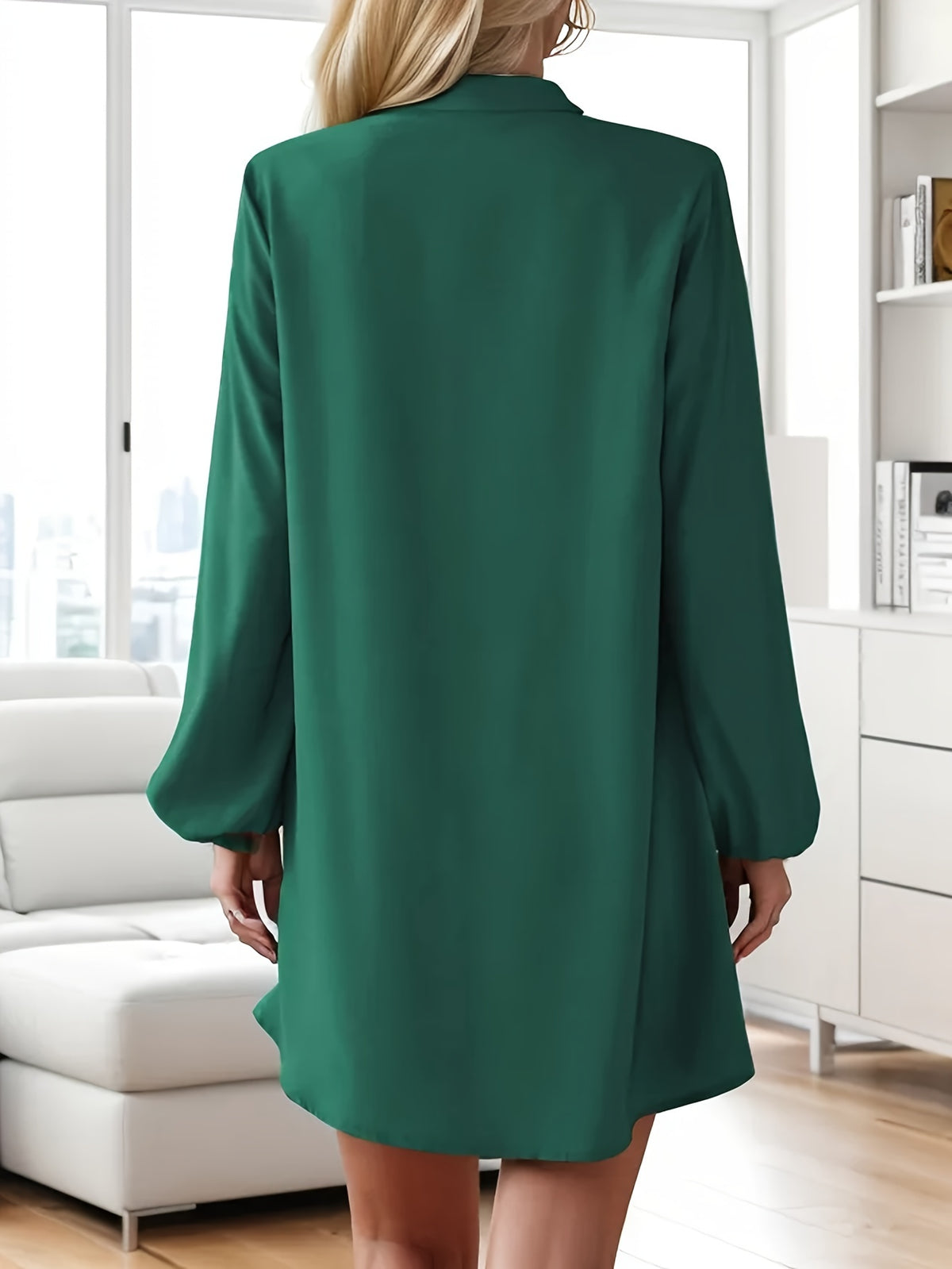 Women's V-Neck Long Sleeve A-Line Flared Dress Elegant Solid Color Single-Breasted Midi Dress for Spring Summer Party Casual