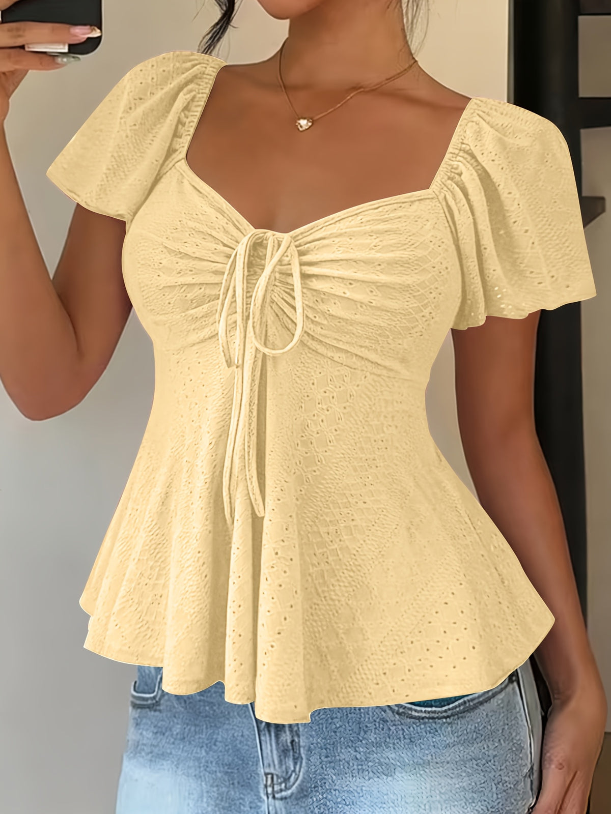 Women's Y2K Jacquard V-Neck Drawstring T-Shirt – Solid Color Short Sleeve Breathable Elegant Top for Spring & Summer