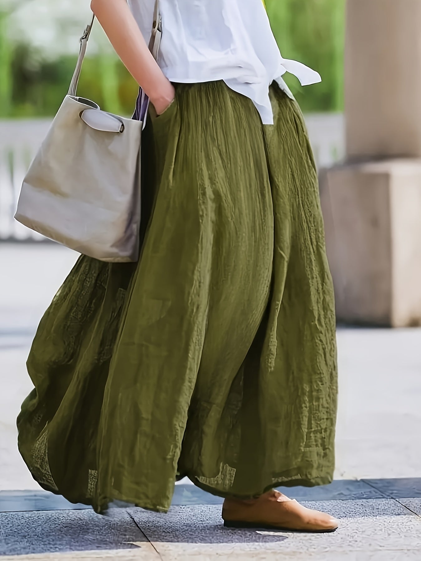 Women's Solid Color Retro Midi Skirt with Pockets Flared Hem Loose Fit Breathable 100% Polyester Spring Summer Fall Purple Burgundy Grey Blue Maroon Brown Green S M L XL XXL