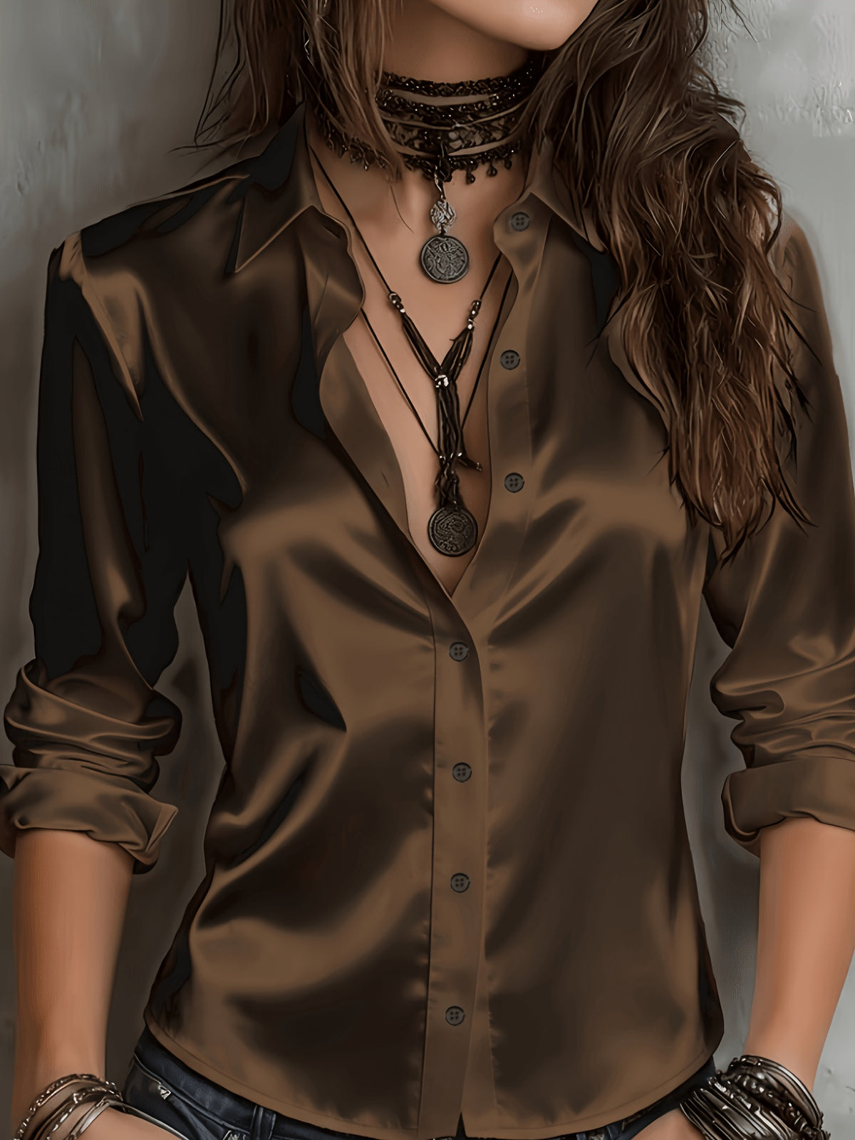Women's Satin Shirt Elegant Commuter Blouse All Season Temperament Button-Down Top Silky Smooth Office Work Casual Wear S M L XL XXL