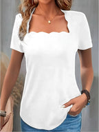 Women's Square Neck T-Shirt - Solid Color Short Sleeve Formal Basic Top | 100% Polyester Slim Fit Summer Daily Fashion Ladies Tee