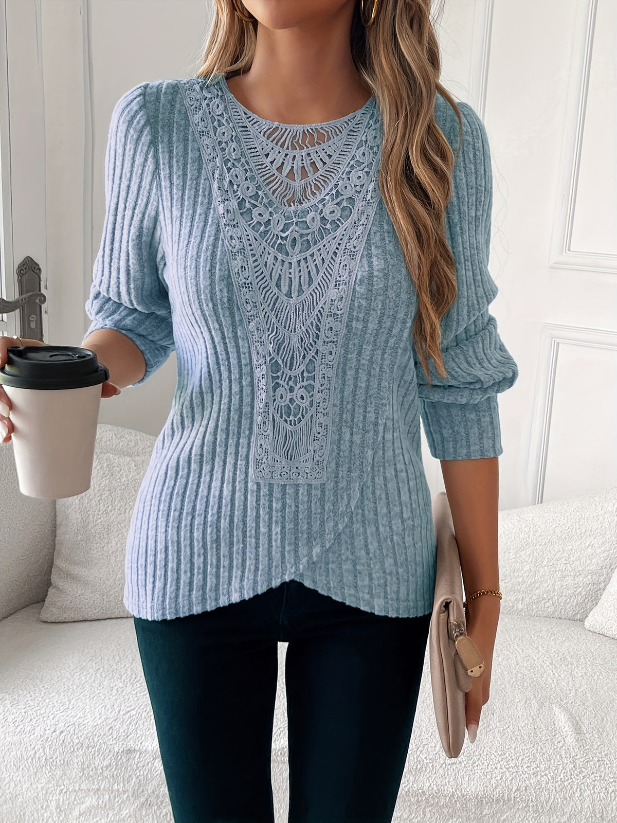 Lace Trim Long Sleeve T-Shirt Women Round Neck Elegant Casual Tops Soft Lightweight Blouse Pink Grey Blue S-XXL US Warehouse