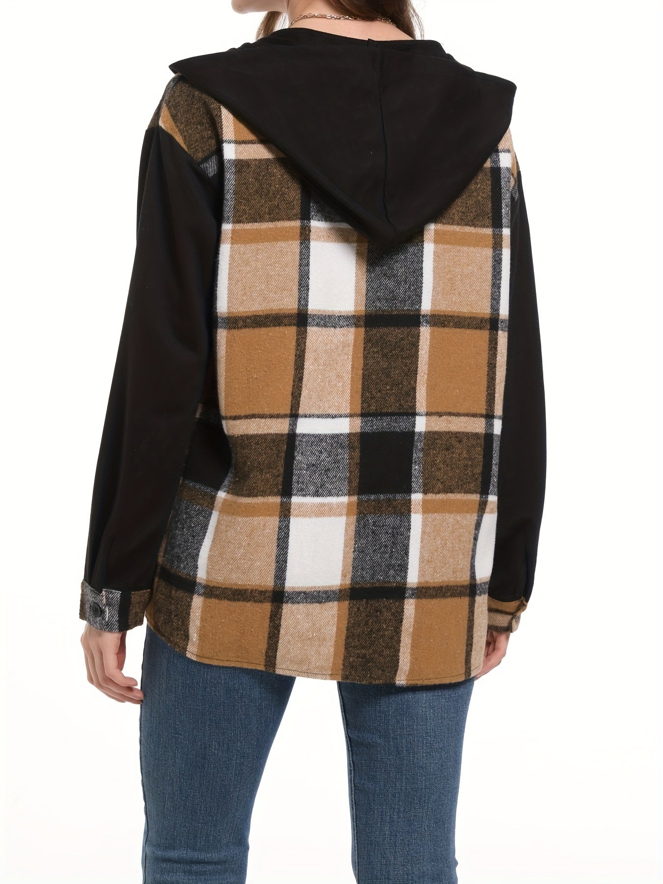 Plaid Hooded Jacket Women Drop Shoulder Woven Patch Pocket Casual Outerwear 100% Polyester Suede PU Black White S M XXL