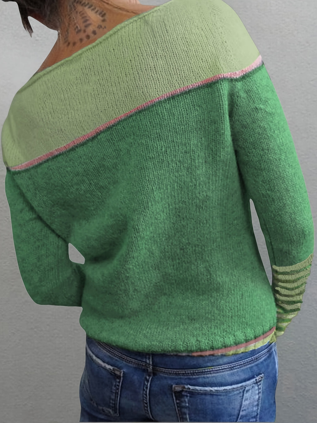 Women's Asymmetric Color Block Stripe Knit Sweater Long Sleeve - Off Shoulder Wide Neck Patchwork Pullover, Casual Chic Spring Fall Top in Grey Blue Green Purple S-XL