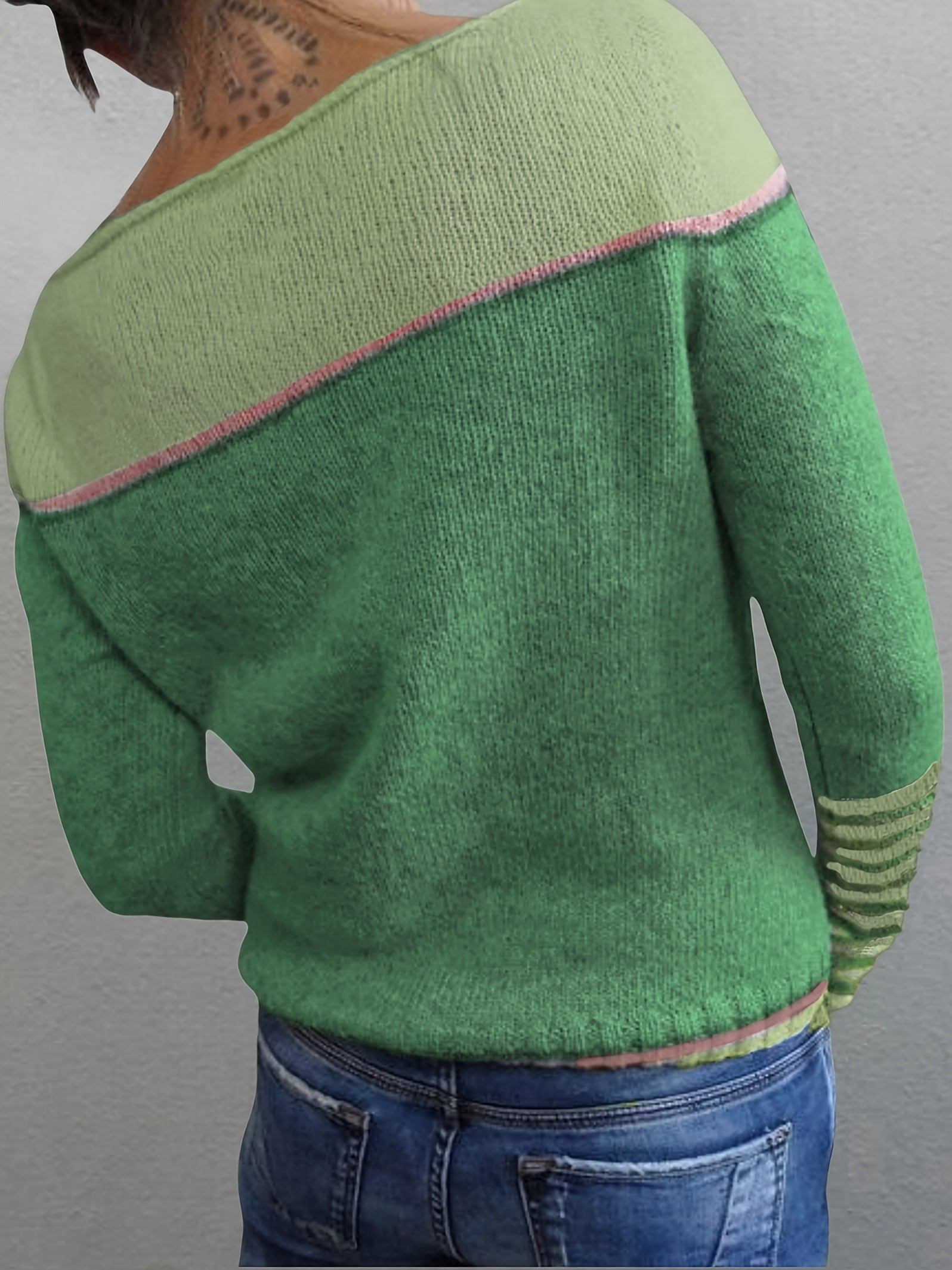 Women's Asymmetric Color Block Stripe Knit Sweater Long Sleeve - Off Shoulder Wide Neck Patchwork Pullover, Casual Chic Spring Fall Top in Grey Blue Green Purple S-XL