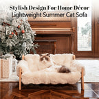 Elevated Pet Sofa Bed Solid Wood Dog Cat Lounge Chair with Bamboo Mat Modern Pet Furniture for Small Medium Dogs Cats Sturdy Stylish Gray White