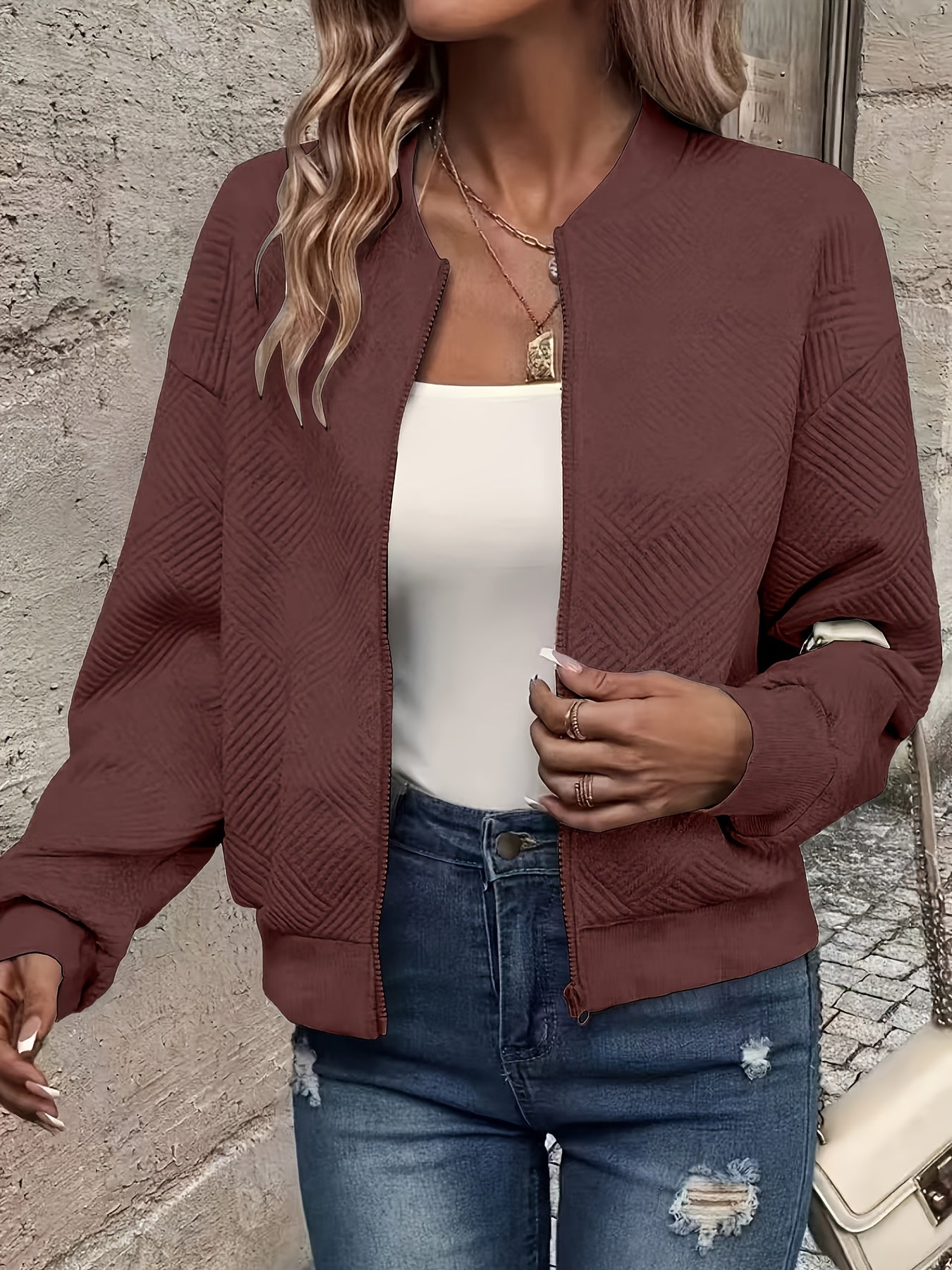 Women's Baseball Collar Zipper Jacket - Solid Color Casual Outerwear | Rib-Knit Polyester Lined Sporty Coat Fall Spring Fashion New Arrival