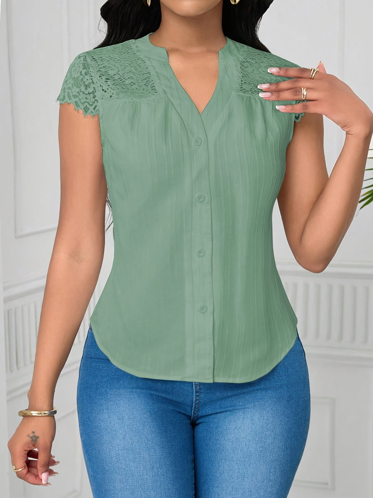 Women's Elegant Lace Patchwork Blouse – V-Neck Striped Semi-Sheer Woven Top for Summer, Casual & Weekend Wear