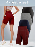 Women's High-Waisted Yoga Shorts 4-Pack Butt-Lifting 5-Pocket – Mid-Stretch Breathable Seamless Workout Shorts for Summer Yoga, Pilates & Gym Training (Red, Black, Gray, Navy Blue)