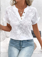 Floral Embroidered V-Neck Blouse Women Loose Casual Summer Tops White Batwing Short Sleeve Button Detail Lightweight Woven Shirt S-XXL