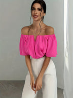 Off Shoulder V-Neck Blouse Women Short Sleeve Solid Color Sexy Summer Top | Vacation Party Casual Wear Multiple Colors XS-L