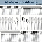 Stainless Steel Flatware Set 60/90 Piece – Silverware for 12-18 People with Gift Box, Steak Knives Salad Forks Dessert Spoons, Dishwasher Safe, for Home Wedding Camping Party Halloween