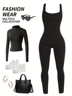 Women's Sleeveless Square Collar Jumpsuit – 90% Nylon Stretch Fabric, Thick & Opaque Active Wear for Yoga, Pilates, Running, Fitness & Everyday Events, Sizes S-XL, Multiple Colors