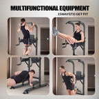 Adjustable Height Power Tower Dip Station – Multi-Function Pull Up Bar, Strength Training Workout Station for Home Gym – Black T055KX, No Backrest & Red T055CDU Models