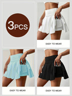 Women's Athletic Pleated Tennis Skort 3-Pack High Waist with Pockets Stretchy Polyester Yoga Skirt Machine Washable Side Tie Detail Comfort Fit for Tennis Yoga Gym Dance Sizes S-XXL