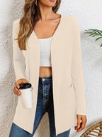 Women's Open Front Cardigan Solid Color Mid-Length Long Sleeve Casual Knit Cardigan Dual Pockets Lightweight Spring Fall Sweater Black S M L XL XXL