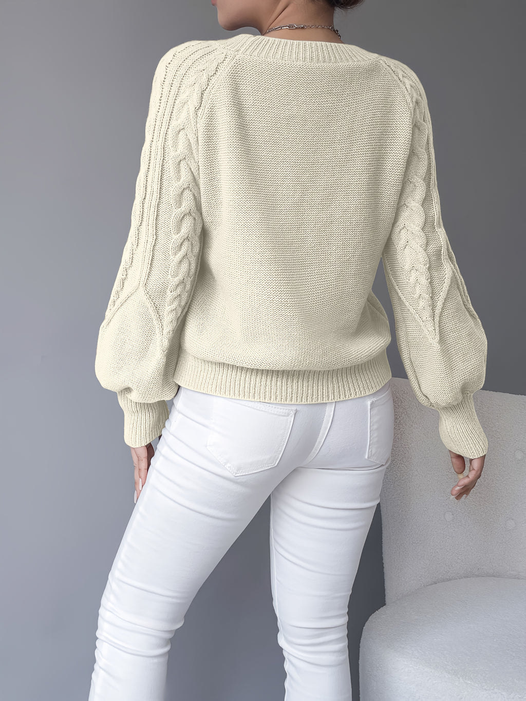 Women's Chunky Lantern Sleeve Sweater Crew Neck Textured Knit Pullover Cozy Fall Winter Sweater Khaki Apricot Black S-XXL