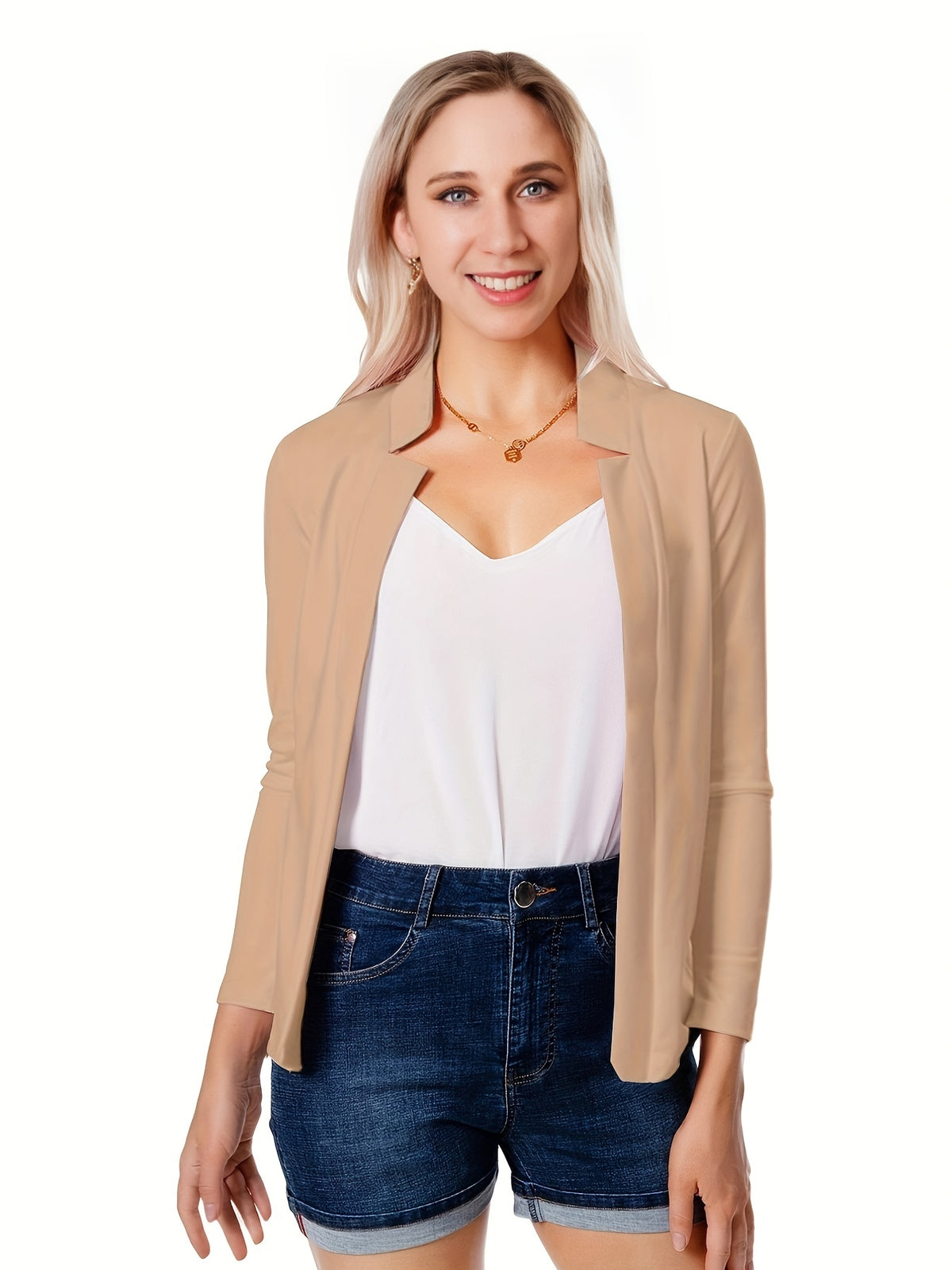 Women's Open Front Blazer Jacket – Loose Fit Notch Lapel Long Sleeve Knit Stretch Casual Chic Blazer with Chest Pocket for Work Office
