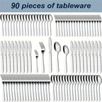 Stainless Steel Flatware Set 60/90 Piece – Silverware for 12-18 People with Gift Box, Steak Knives Salad Forks Dessert Spoons, Dishwasher Safe, for Home Wedding Camping Party Halloween