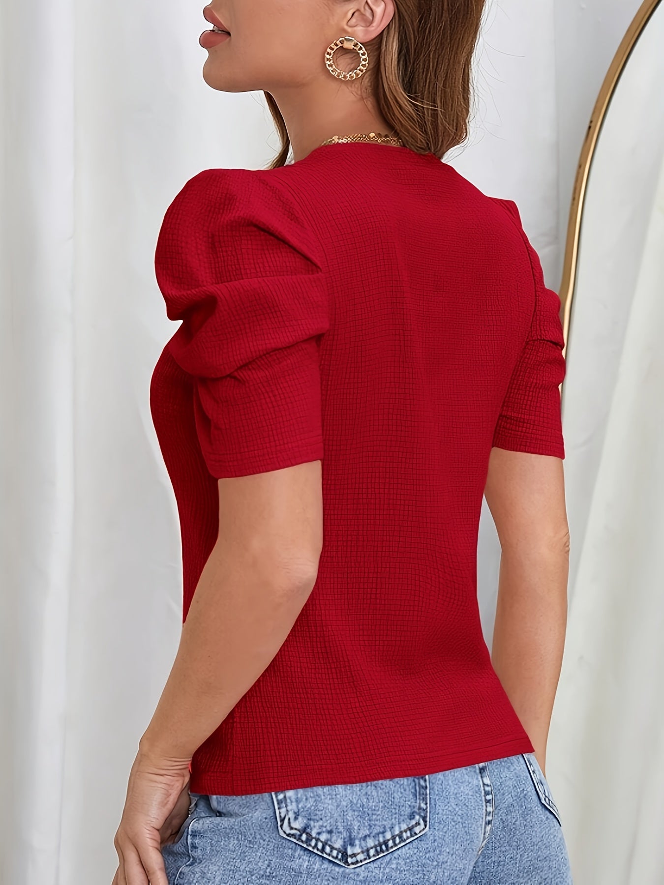 Women's Puff Sleeve T-Shirt - Elegant Ruffled Shoulder Round Neck Short Sleeve Solid Color Casual Top, Regular Fit All-Season Machine Washable Blouse, Green Red Blue, Sizes S-XXL, Versatile Everyday Wear